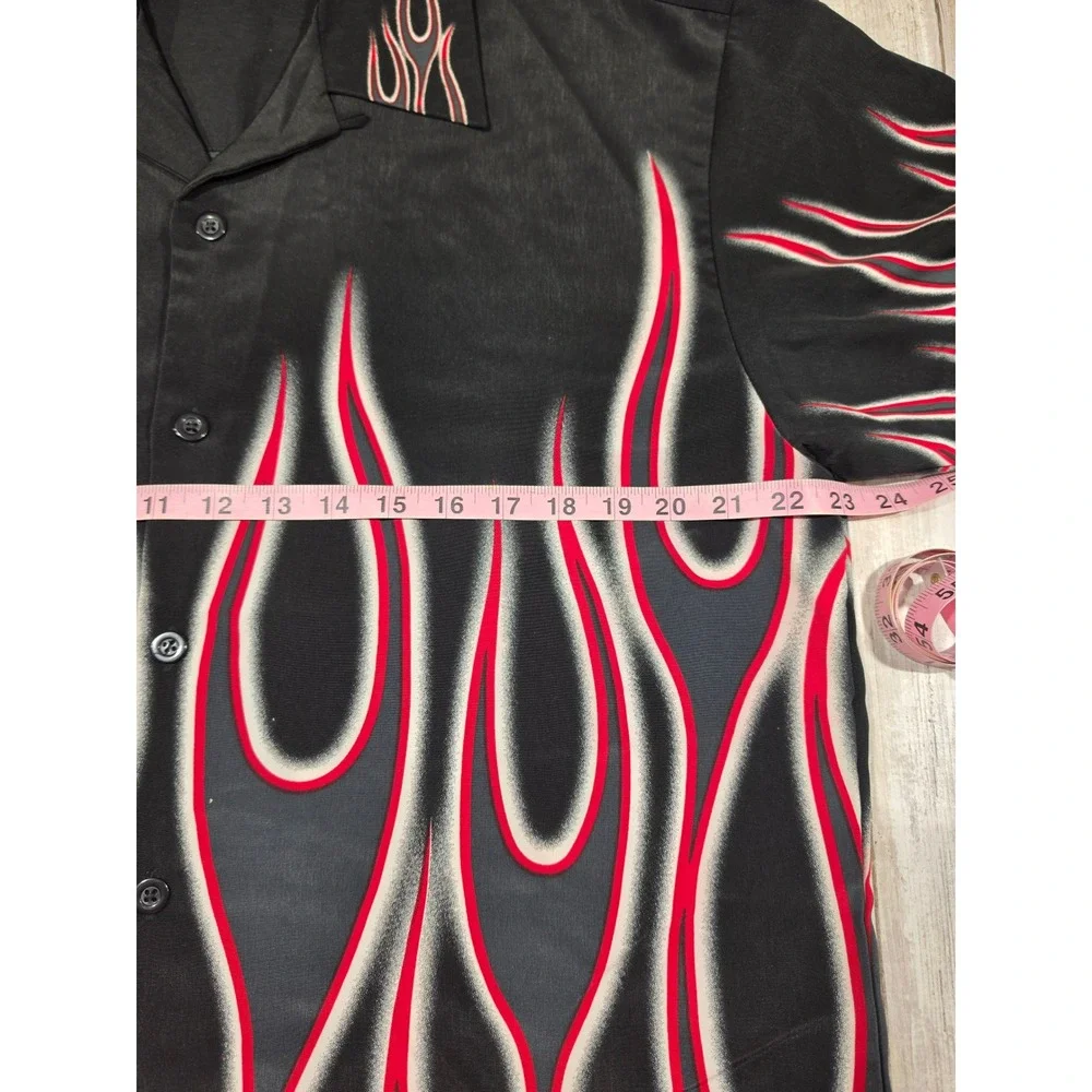 Sapphire Lounge Mens Flame Print Button Down Shirt Black Red Short Sleeve Medium